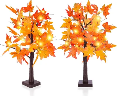 Produktbild von 2er-Pack beleuchtete Herbst-Ahornbaum-Erntedankdekorationen mit 24 LEDs, Timer, batteriebetrieben, beleuchtetes Zuhause