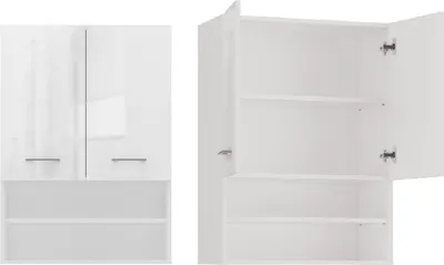 A white cabinet with two doors and open shelves, shown from two different angles.
