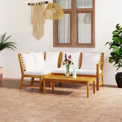 Image de Set de jardin Lounge avec coussins Crème Bois massif Acacia Groupe de repas Outdoor