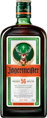 A bottle of Jägermeister herbal liqueur.