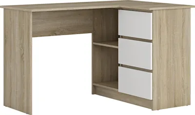 A corner desk with drawers and shelves against a white background.