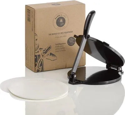 Immagine prodotto di Famanu, pressa per tortillas in ghisa nera – include 100 fogli di carta, diametro 20 cm
