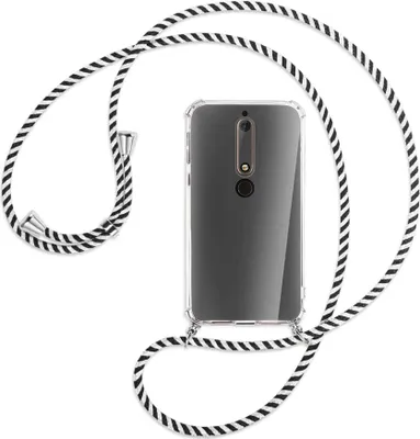 Produktbild von Handykette Backcover-Schutzhülle mit Band (Metall silberfarben) für Nokia 6.1 - schwarz/weiß gestreift