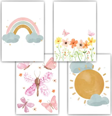 Produktbild von Regenbogen Sonne Schmetterlinge Bilder 4er Set DIN A4 Kinderzimmer Wandbilder Babyzimmer Poster Dekoration