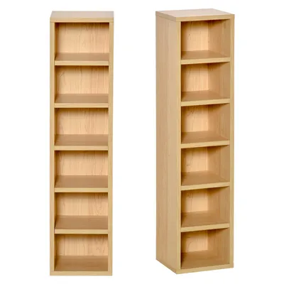 Two identical tall, narrow shelving units are shown side-by-side against a white background.