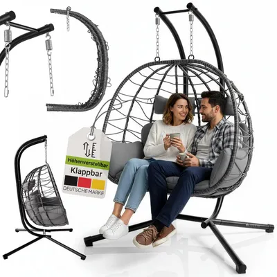 Produktbild von Juskys Doppelhängesessel Aria - Polyrattan Hängesessel mit Gestell & Kissen - Grau