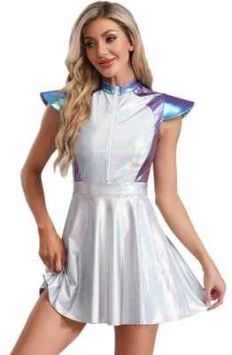 Productafbeelding van Damen Alien Kostuum, Ruimteprinses, Metallic, Maat 3XL, Jurk met hoofdsieraad – Ruimtevaartster, Sci-Fi, Carnaval, Halloween, Party, Concert, Rave