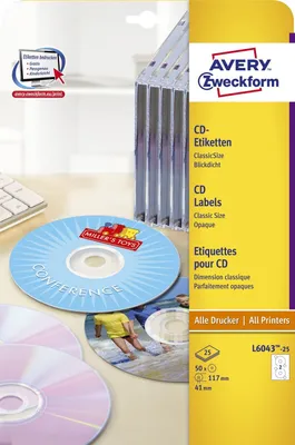 Immagine prodotto di Avery Zweckform® L6043-25 L6043-25 Etichette per CD, Ø 117 mm, 25 fogli/50 etichette, bianco