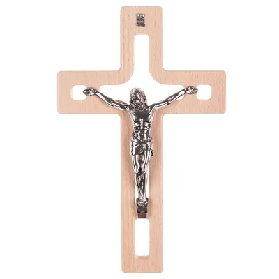 A wooden crucifix with a silver corpus of Jesus Christ.