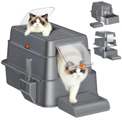 Produktbild von Katzenklo Edelstahl mit Schublade XXL, Dunkelgrau Geschlossene Metall Katzentoilette mit Deckel, mit Pedal und Schaufel, Leicht zu Reini, 65x44x40 cm