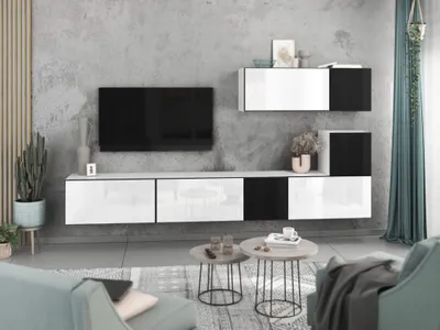 Produktbild von Wohnwand VARIANTO 2 Schrank Set 7 tlg., 266 cm, weiß matt / schwarz Hochglanz / weiß Hochglanz M3, grifflos, stehend und hängend