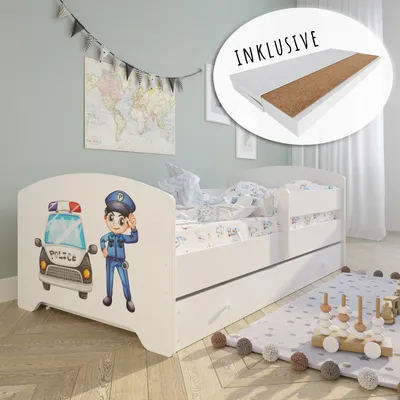 Produktbild von Kinderbett mit Matratze und Schublade, Rausfallschutz & Lattenrost weiß mit Polizei Motiv 80x160 cm von 3. bis 10. Lebensjahr