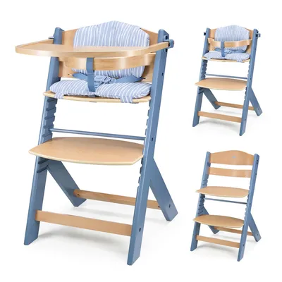 A high-quality product shot of a blue and wood high chair, shown from multiple angles.