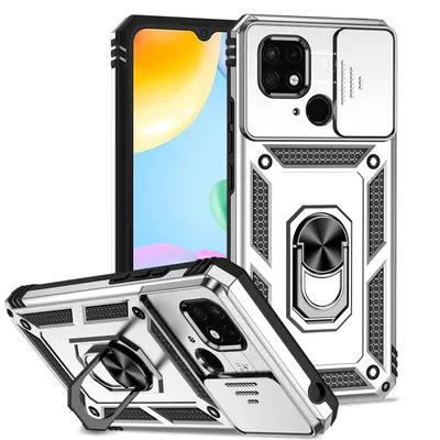 Immagine prodotto di Custodia per Xiaomi Redmi 10C a doppio strato con copertura scorrevole della fotocamera e supporto ad anello Argento