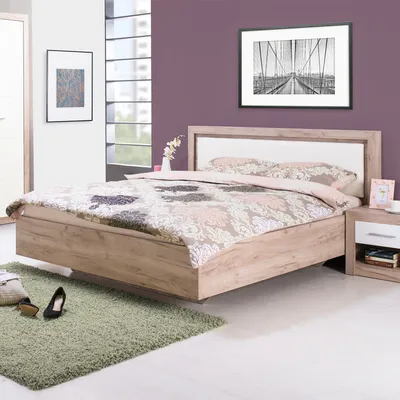 Produktbild von Homestyle4u Holzbett 160x200 mit Lattenrost Grau Eiche Kunstleder Weiß Doppelbett