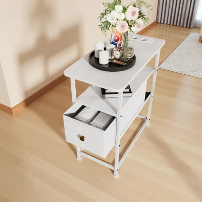 Image de Table d'appoint UnboxG avec station de recharge, table de chevet avec tiroir, table d'appoint à 3 niveaux avec ports USB/Type-C et 2 prises électriques, blanche