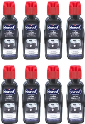 Eight bottles of Durgol Swiss Espresso descaler arranged in two rows of four.