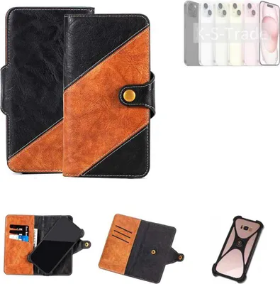 Produktbild von K-S-Trade Handyhülle Schutzhülle Bookstyle Case Wallet-Case kompatibel mit Apple iPhone 15 Handy Cover Bumper Klapphülle schwarz hellbraun 1x