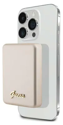 A white iPhone with a gold power bank attached to its back.