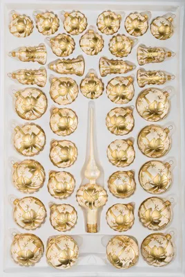Produktbild von 39 tlg. Glas-Weihnachtskugeln Set in "Ice Champagner Goldene Schleife"