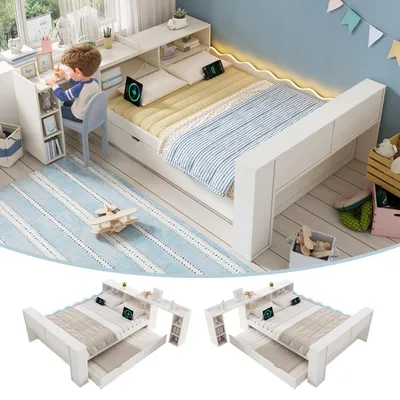 Obrázok produktu pre Postel 140x190 cm s výsuvnou posteľou 90x190 cm, s LED osvetlením, 2 zásuvkami, USB-A/USB-C portami, výsuvnou doskou, úložným priestorom, biela