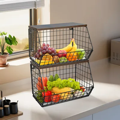 Produktbild von Aufbewahrungskorb Obstkorb Gemüsekorb Drahtkorb Metallkorb Schwarz 2 Stk.