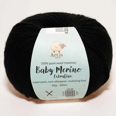 Image de Baby Merino Extrafine Art'is Yarn 100% Laine | Sans Mulesing & Superwash (50g / 200m) (150 noirs)