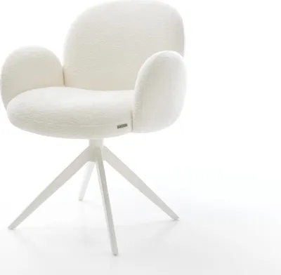 Produktbild von DELIFE Drehstuhl Nube-Flex mit Armlehnen Bouclé Soft Beige Kreuzgestell breit Weiß 360° drehbar Wippfunktion Taschenfederkern