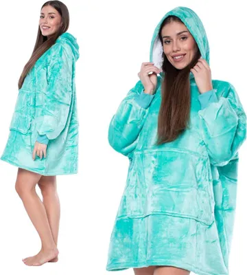 Zdjęcie produktu dla Bluza z kapturem Kocobluza 2w1 Oversize XXL z grubym kapturem Sherpa Turkusowa