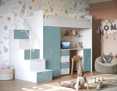 Produktbild von Etagenbett TOMI 4s, Hochglanz Kinderbett Hochbett, MIT Matraze und Lattenrost (Weiss + Hellblau, Glanz)