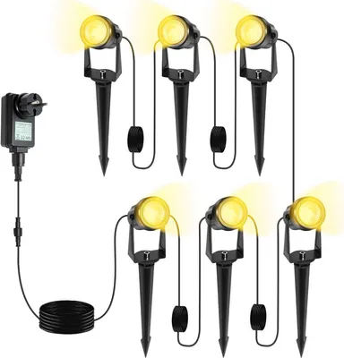 Image de Jiubiaz Projecteur de jardin à LED avec piquet de terre, set de 6, éclairage de jardin avec prise étanche IP65 blanc chaud