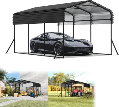 Image de UISEBRT Extra large carport-tente 450×300×250 cm - Robuste garage en métal pour voiture, bateau, camping-car & stockage en plein air - résistant aux UV, étanche & résistant à l'hiver