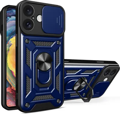 Produktbild von Panzer Hülle iPhone 16 Plus mit Kameraschutz & Ringhalter – Blau