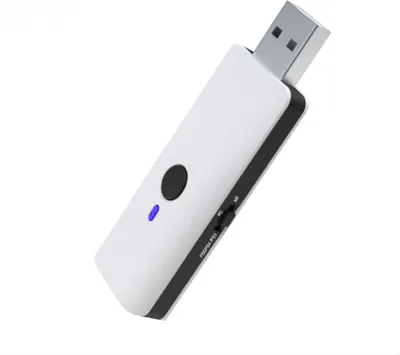 A white USB adapter with a black trim and a silver USB connector, shown against a plain white background.