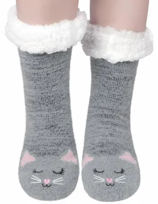 Obrázok produktu pre Ponožky Hüttensocken pre dámy, teplé ponožky s protišmykovou podrážkou, sivé, s motívom mačky, veľkosť 35-38 / 39-42