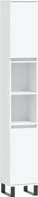 A white tall cabinet with open shelves and a closed bottom section, standing on dark metal legs.