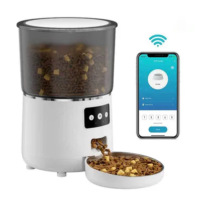 Imagen del producto de Dispensador de comida para mascotas: Automático e inteligente, con capacidad de 4 litros, control mediante aplicación, con cuenco de acero inoxidable 304 y diseño antiatascos