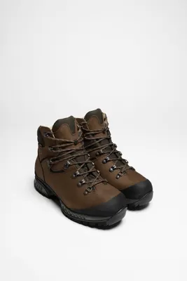 A pair of brown hiking boots on a white background.