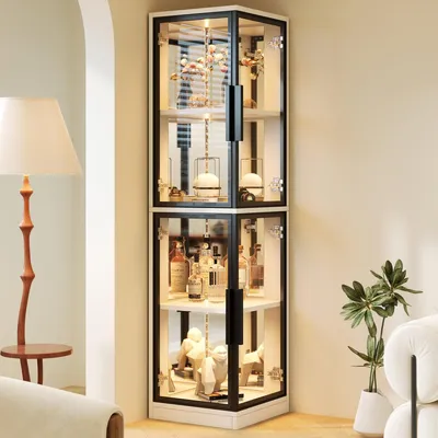 Produktbild von Vitrine mit Glas 44x42x164cm Spiegelrückwand LED-Beleuchtung Glasvitrine Eckvitrine Weiß