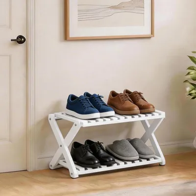 Bambus-Schuhregal 2 Ebenen, weiß, klappbar, platzsparend