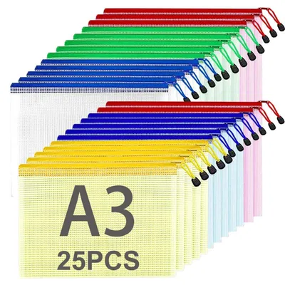 Image de Pochettes de documents A3, fermeture éclair, lot de 25, 5 couleurs, en plastique mesh, dimensions : 43 x 30,5 cm