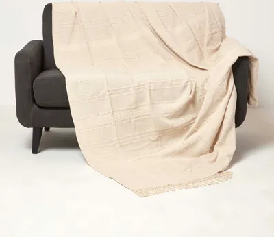 Produktbild von HOMESCAPES Kashi Tagesdecke XXL 255 x 360 cm – Baumwolldecke creme mit Fransen