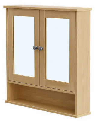 Obrázok produktu pre Zrkadlová skrinka do kúpeľne s 2 dvierkami a otvorenou policou | Prírodné dubové drevo | 56,5 x 13 x 58,5 cm