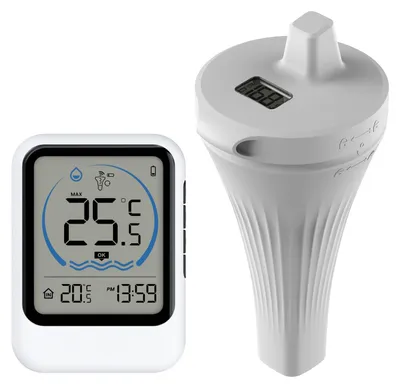 Produktbild von Schwimmbad-Thermometer, digital, schwimmend, mit LCD-Anzeige, kabelloses Schwimmbad-Thermometer, IP67, Wasserthermometer für Schwimmbäder, Whirlpools und Spas