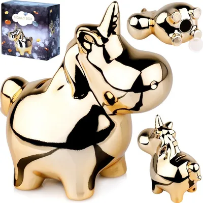 Produktbild von Vilde Sparbüchse Spardose Sparschwein aus Keramik goldfarben verspiegelt 18 x 10,5 cm