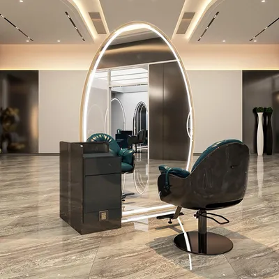 Produktbild von Doppelseitiger Friseurbedienplatz mit LED-Spiegel 220x120 cm - Barber & Kosmetik Friseurkonsole in Gold