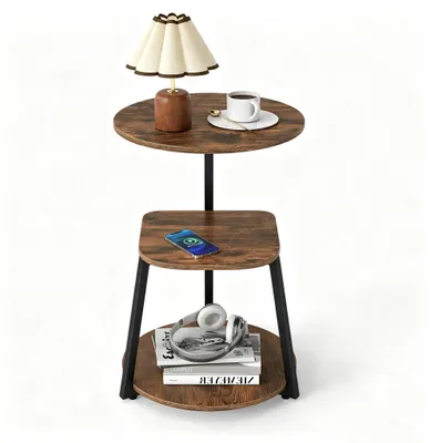 Produktbild von COSTWAY Beistelltisch, Nachttisch mit 3 Ebenen, Sofatisch mit Metallrahmen, Akzenttisch, Kaffeetisch für Wohnzimmer, Schlafzimmer & Büro, Braun