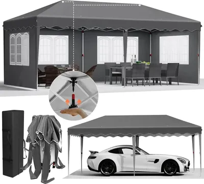 Produktbild von Gartenpavillon 3 x 6 m - Pop-up Faltzelt - One-Push faltbar - Wasserdichtes Polyurethanbeschichtetes HDPE - Aluminiumrahmen - Vier Seitenwände - Dunkelgrau