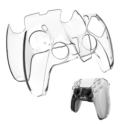 A clear protective case for a game controller is shown, with a game controller in the foreground.