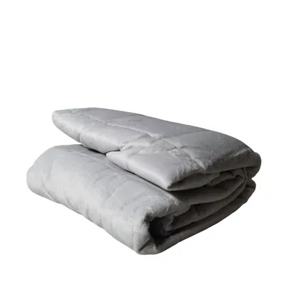 A folded gray weighted blanket on a white background.